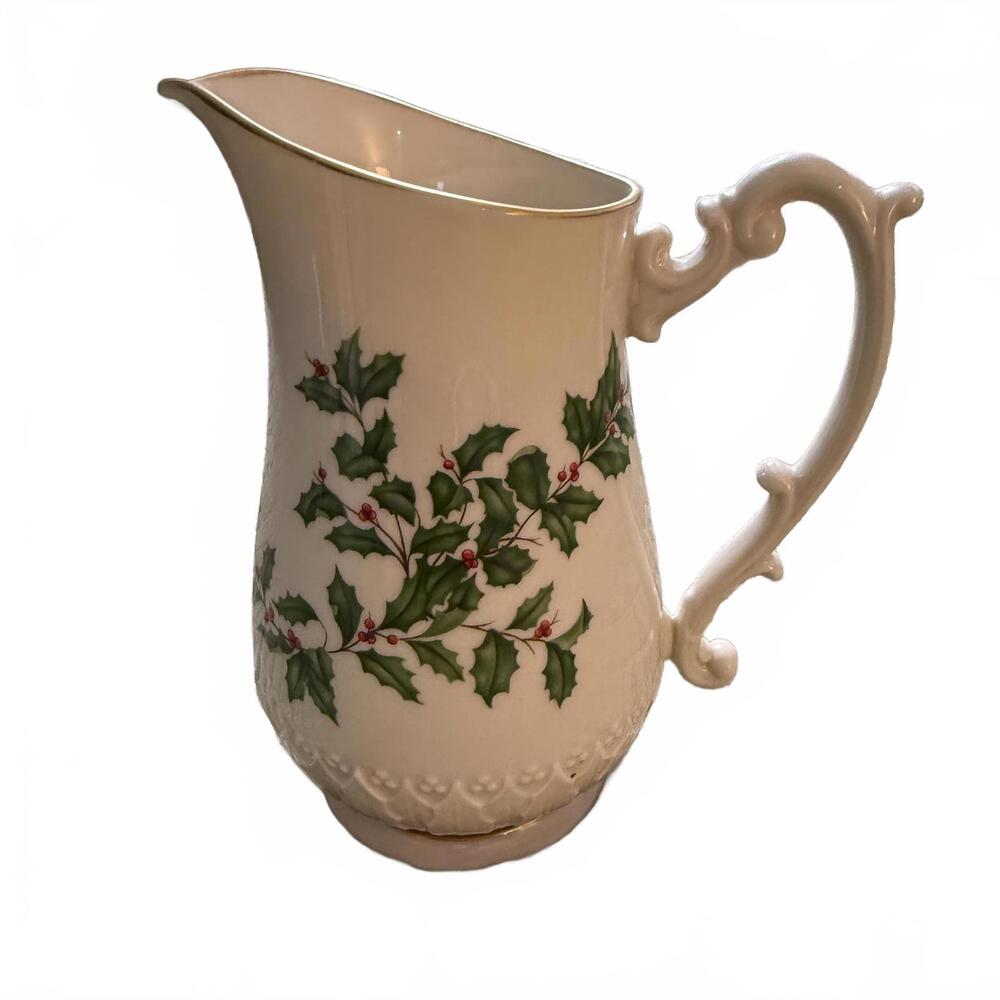 LENOX Christmas Holiday Bone China Pitcher.  Holly Berries/24K Gold Trim